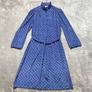 VTG Leslie Fay Dress Women's 16 Blue Purple Floral Belted Vintage 100% Polyester